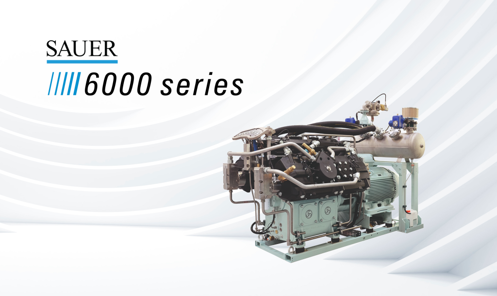 SAUER's 6000 series water-cooled compressor with modular design and up to 6 cylinders, enabling maximum performance even under the toughest conditions. The largest piston compressor in their class.